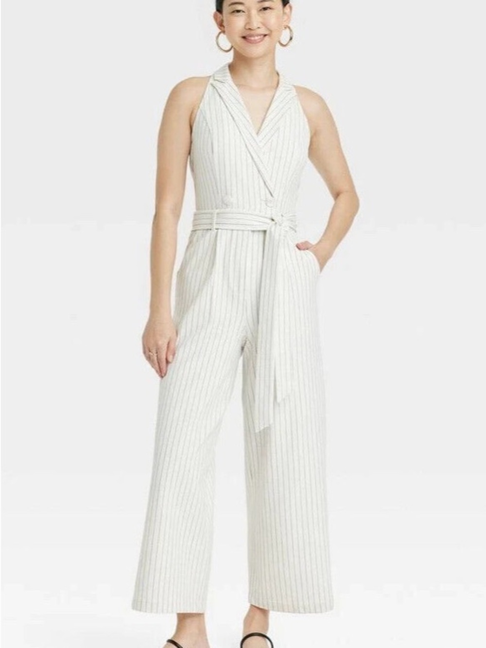 A New Day Cream Pinstripe Halter Wrap Jumpsuit